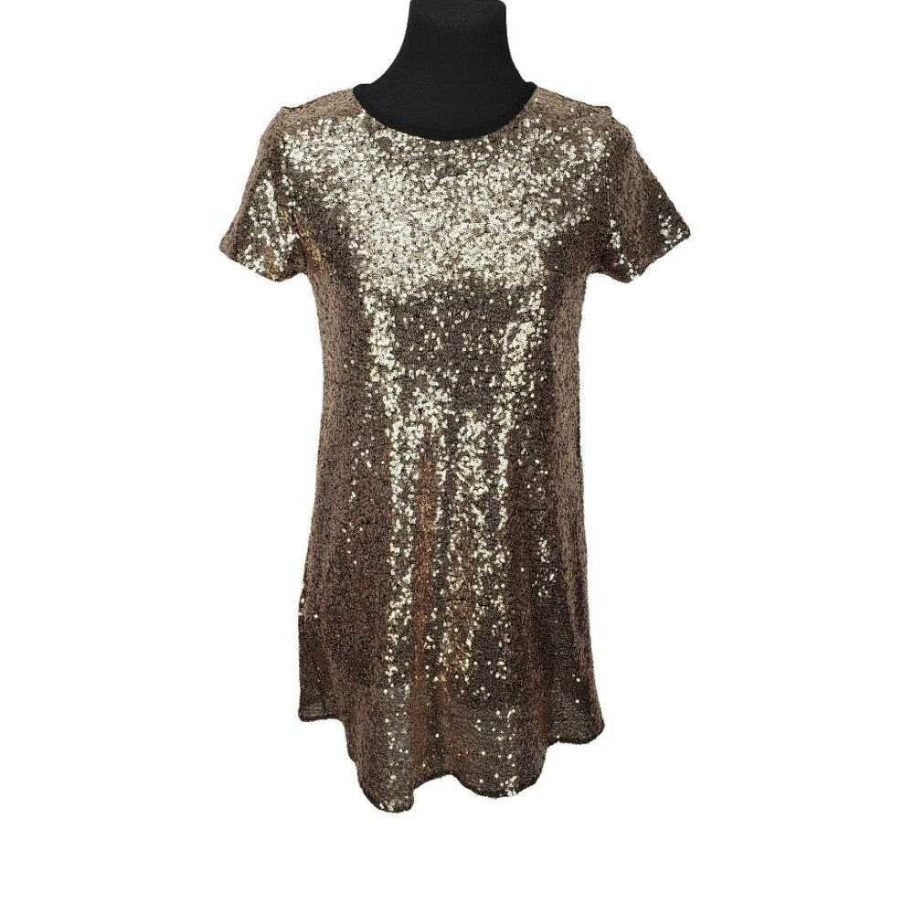 People's Project LA Woman's Gold Sequin Short‎ Sleeve Dress Size Large
